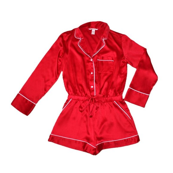 VICTORIA'S SECRET Satin Button-Front Romper with Rhinstones in Red (XS) - Picture 10 of 13